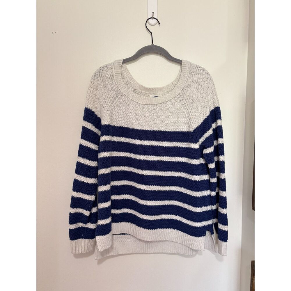 Old Navy Striped Sweater XL Blue White Coastal Preppy Cotton Knit Nautical
